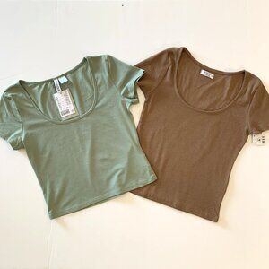 NWT 2 Ardene Basic and H&M Scoop Neck Tops Brown Green Women Size M, S Short Sle